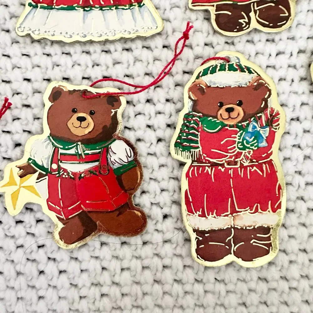 Vintage Die Cut Holiday Cute Bear Double Sided Paper Oraments Holiday Set of 9